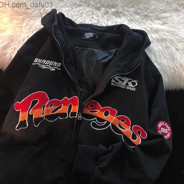 

men's hoodies sweatshirts women's zipper hoodie street clothing letter embroidery long sleeve sweatshirt gothic punk y2k autumn wi, Black