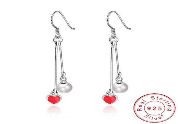 

real 925 sterling silver tiny heart earrings hanging chain minimal red danging earing brincos perola pendientes se058 hoop huggi5463014, Golden;silver