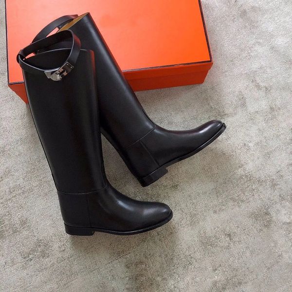 

famous winterjumping women tall boots kelly buckle strap booties perfect brands lady knight boot black calf leather long knee boot eu35-42