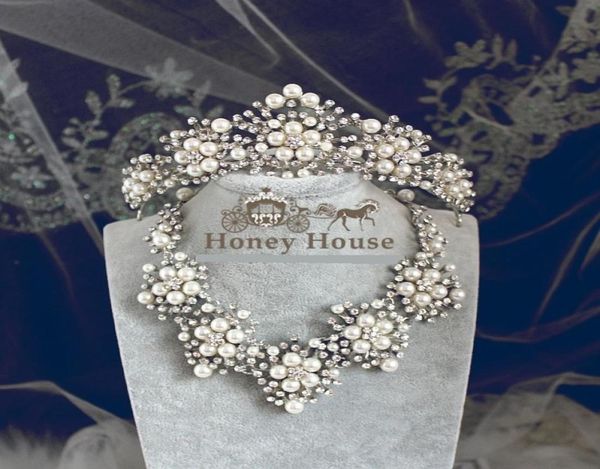 

3pcsset wedding bride jewelry accessaries set crownearring necklace crystal leaves design with faux pearls7049526, White