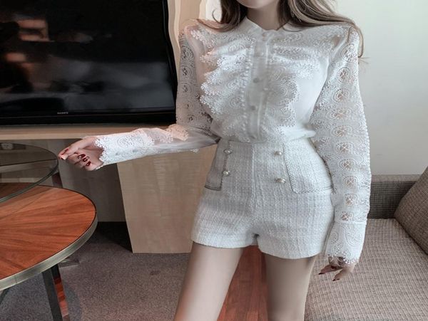 

2020 2020 spring women 2 piece set fashion lace flare sleeve ruffles blouse tweed short pants set3997611, Gray