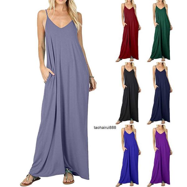 

summer solid pocket camisole loose long dress, Black;gray