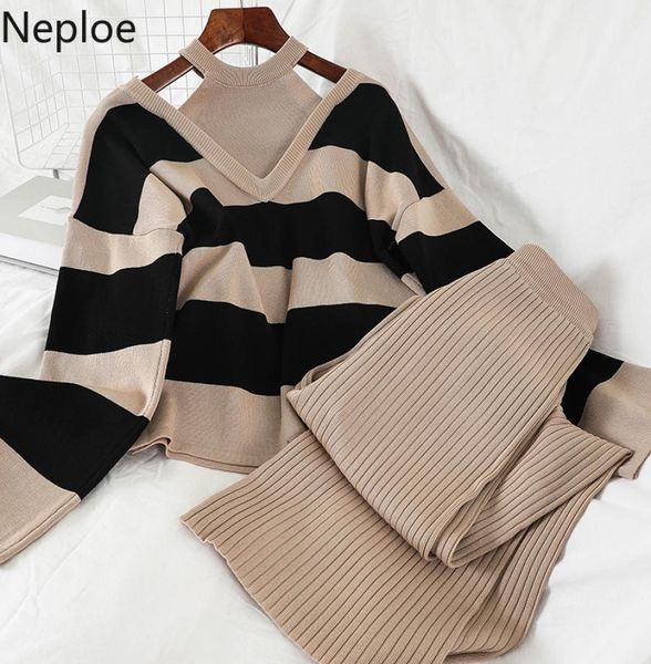 

neploe 2020 2pcs set women knitted pullovers sweater halter stripe knit jumper wide leg long pants suits tracksuits 56431 t7442623, White