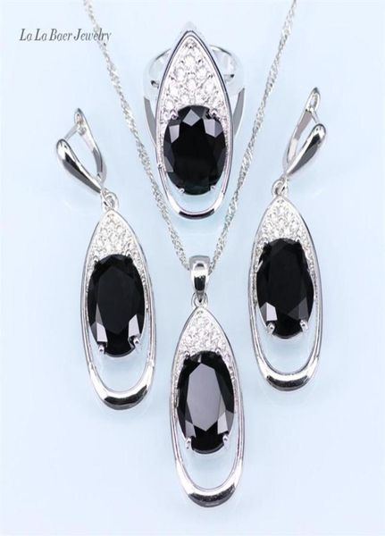 

trendy big black stone white rhinestone huge round silver 925 jewelry sets for women drop earrings pendant necklace ring207e7079918