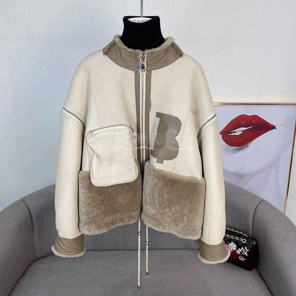 

bby winter sheepskin coat women leather jackets tb embroidered zipper trench coat burb designer jacket full leather warm windbreaker, Black