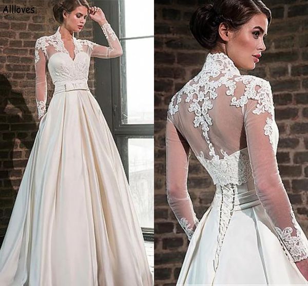 

2 in 1 vintage ivory satin a line wedding dresses with tulle jacket long sleeves lace appliqued elegant bridal gowns empire waist plus size, White