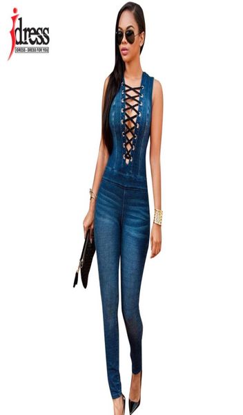 

idress plus size summer women party slim jeans combinaison deep v neck lace up rompers female club overalls denim jumpsuit t29583129, Black;white