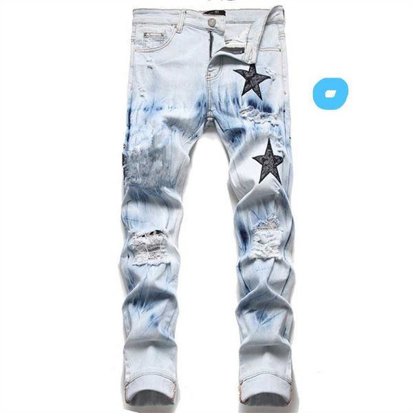 

jeans mens designer for mens pants man white black rock revival iker pants man pant broken hole pants letter pantalones embroidery hip hop d, Blue
