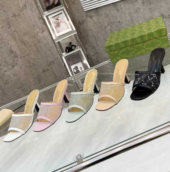 

beige black crystal monograms mesh kitten heel pumps slippers women interlocking g sandal high heels slides slip on squre toe wedding party