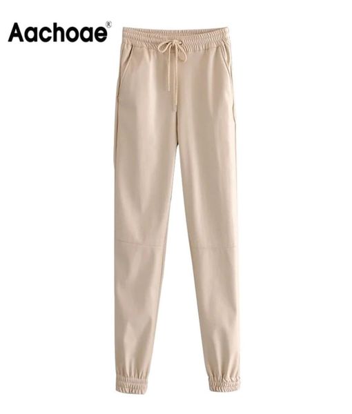 

aachoae lady full length pu leather pants drawstring sports style long sweatpant baggy casual pencil pantalon mujer 2202141461039, Black;white