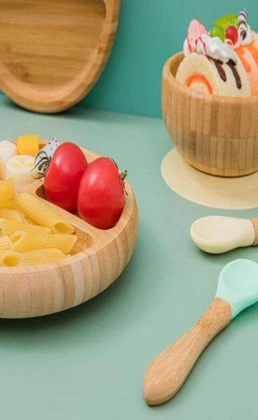 

baby dinner plate baby feeding bowl wooden kids feeding dinnerware with silicone suction cup wooden fork spoon childrens dishes 228825688