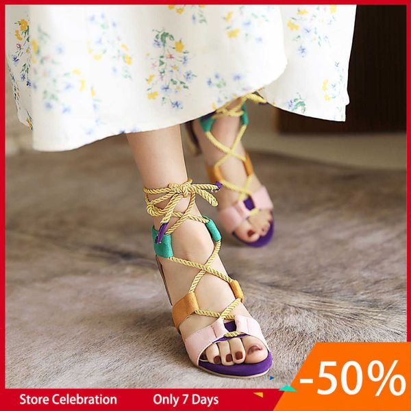 

summer solid high sandals shallow cut lace up color matching heels side hollow round toe women's shoes, Black