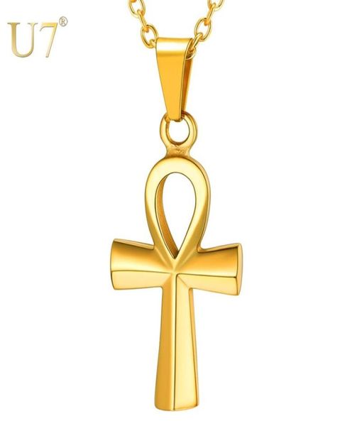 

u7 small egyptian ankh crucifix necklaces pendants gold color stainless steel cross necklace for men hip hop jewelry p12307899582, Silver