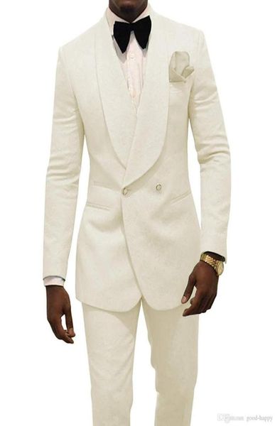 

2020 custom made ivory jacquard groomsmen groom tuxedos double breasted men suits wedding man blazer 2 pieces costume homme9758379, White;black