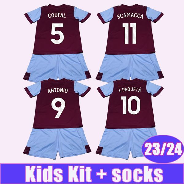 

23 24 l. paqueta scamacca kids kit soccer jerseys bowen ings benrahma kehrer soucek antonio home away short sleeve football shirts, Black