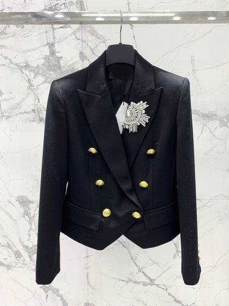 

2023 new fashion autumn black solid colour diamond brooch blazer women's jacket notched gold buttons long sleeve retro elegant lady coa, Black;brown