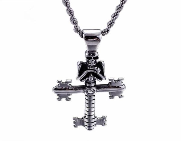 

punk evil skull pendant necklaces for men stainless steel cross chain gothic biker jewelry accessories5986615, Silver