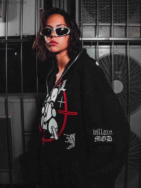 

men's hoodies sweatshirts gothic punk zipper hoodie women's loose oversized sweatshirt casual hooded women's jacket hip hop y, Black