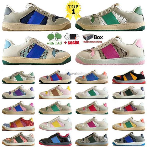 

luxury mens for womens designer casual shoes mens classic vintage screener sneaker leather web dirty green obsidian grey strawberry pattern
