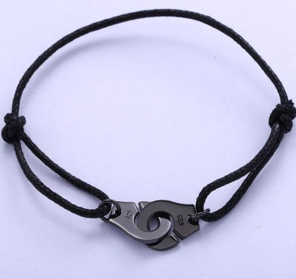 

925 sterling silver black rope menottes handcuffs bracelet for women ps10165440642