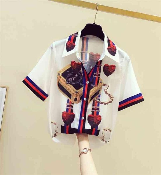 

summer retro print blouse women lapel shirt woman short sleeve office ladies allmatch blouuse blusas a3235 2105194115268, White