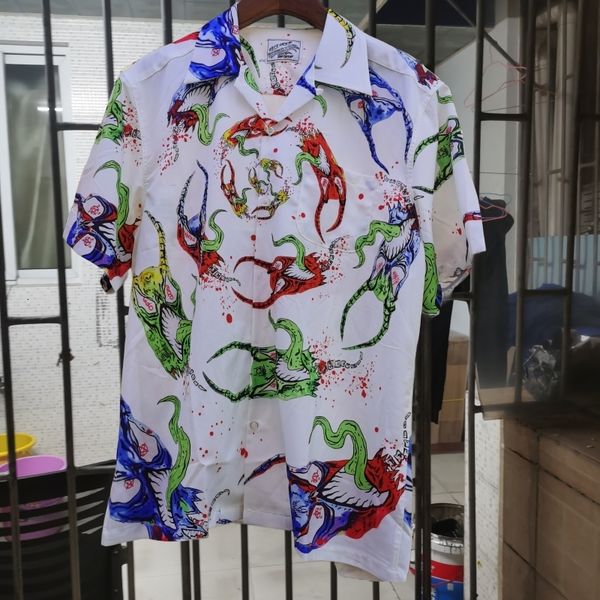 

men's casual shirts wacko maria shirt 23 summer male and female couples ghost graffiti illustrated hawaiian shortsleeved 230804, White;black