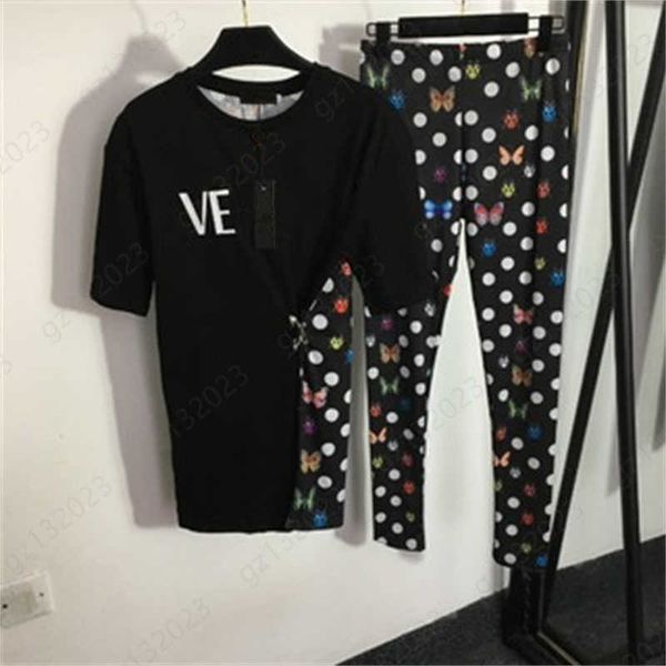 

summer women t shirt with long pant two piece set butterfly beetle polka dot printed pin embellished short sleeve tee skinny bottoms lady tr, White