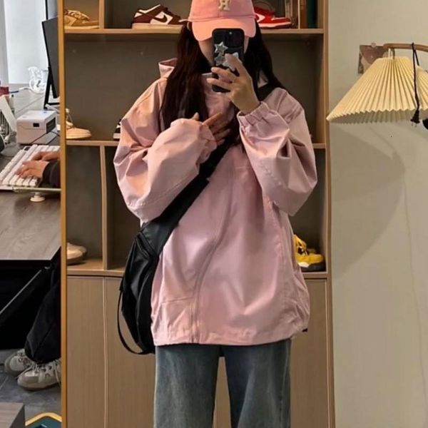 

women's jackets houzhou pink windbreakers jacket women oversized korean fashion anorak zipper hooded grunge y2k streetwear jackets outd, Black;brown