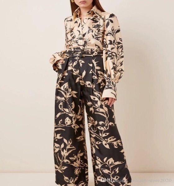 

2020 autumn new fashion ladies silk scarves tied with long sleeves irregular printed shirt highwaisted wideleg trouser suit fo1958191, White