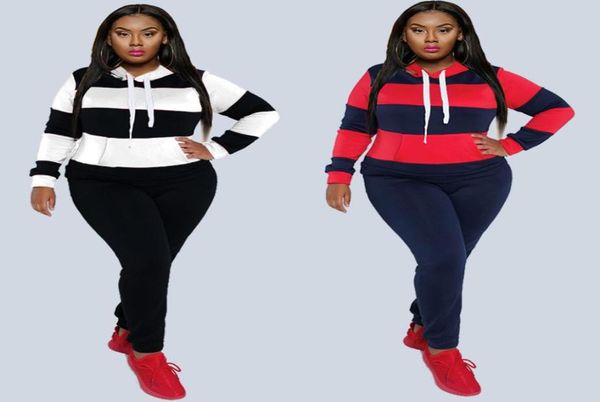 

striped printing women sportwear tracksuits lady039s plus size high waist casual pants drawstring pockets hoodies two piece s6503926, Black