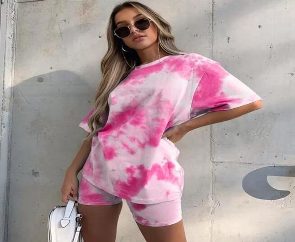 

tie dye print basic tshirt two piece set women casual outfits lounge wear jogging femme biker shorts tees summ1857475, White
