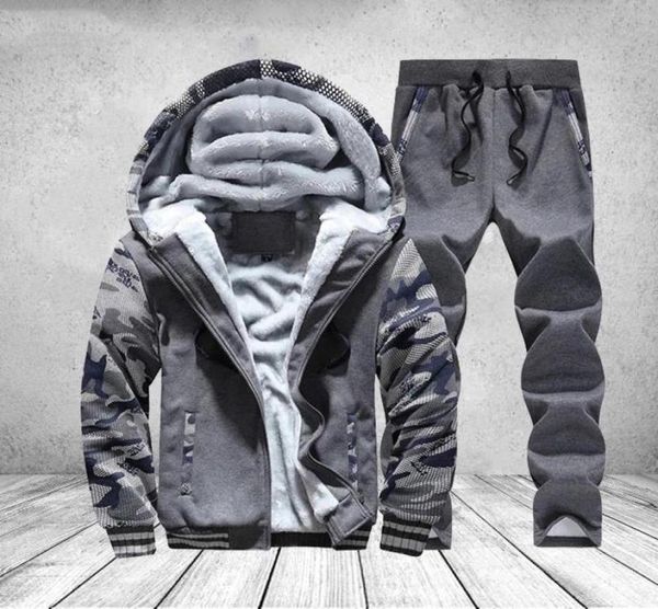 

men039s tracksuits men set winter thick fleece hoodiespants suit zipper hooded sweatpants male casual thicken windproof warm s7504472, Gray