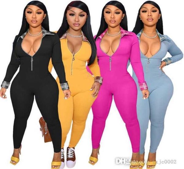 

2022 new aututmn women jumpsuits elegant rompers long sleeve vneck zipper onesies bodycon plaid stitching capris pants5669104, Black;white