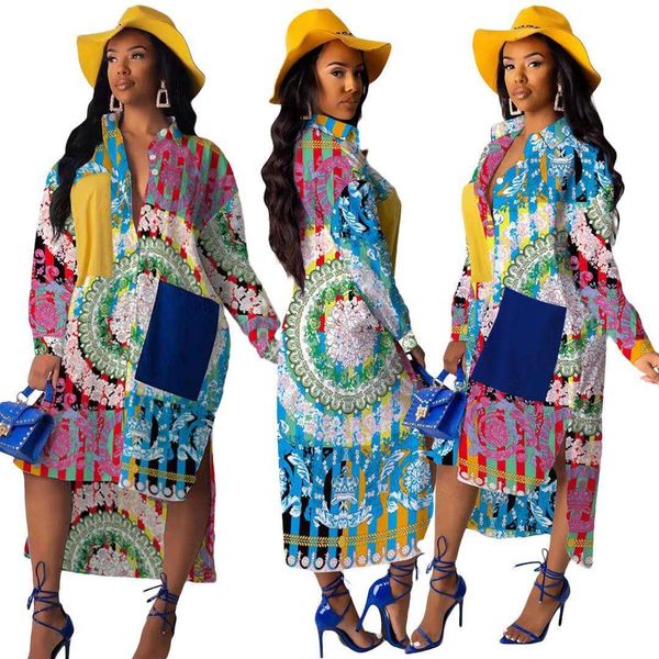 

womens spring print loose lapel shirt dress, Black;gray