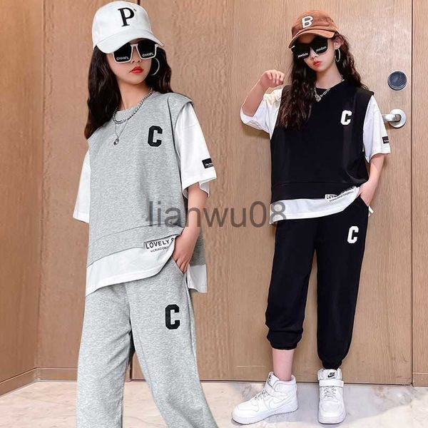 

clothing sets 2pcs 2023 new summer teens girls clothes children sets outfits kids loose tshirt ankletied pants tracksuit 6 8 10 12 14 year x, White