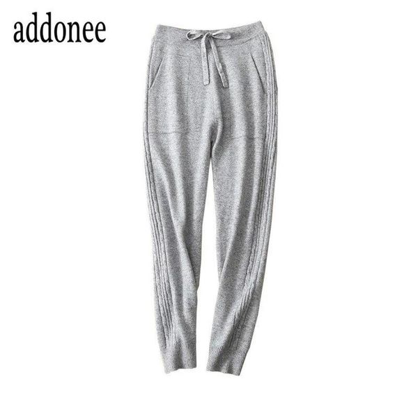 

sporty style autumn winter women cashmere wool pencil pants solid fashion casual wild sashes full length loose women6601443, Black;white