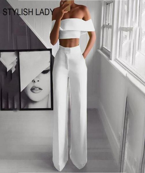 

stylish lady neon green 2 piece set women solid off the shoulder crop and wide leg pants 2019 summer two piece outfits2407567, White