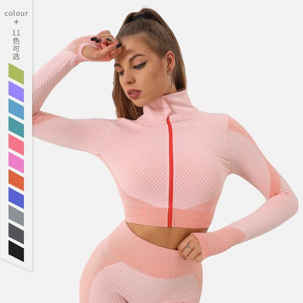 

seamless stripe long sleeve yoga suit women's zipper contrast color coat exposed navel sports running fast drying fitness top, White;red