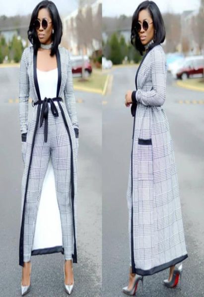 

2 piece set 2018 fashion women plaid long trench cardigan and bodycon pants suit summer two piece outfits1309121, White