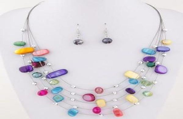 

beautiful womens jewelry sets multi layer crystal shell 6 color option statement pendant bib necklace earring set7133707, Golden;silver