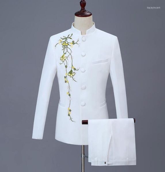 

men039s suits singer stage clothing men chinese tunic suit set with pants ethnic mens wedding embroidery formal dress man stand7930411, White;black