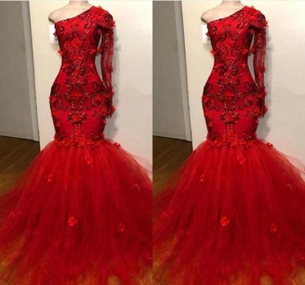 

2021 red mermaid evening dresses floral lace appliques one shoulder long sleeve arabic 3d flowers tulle sweep train prom party gow6259870, Black;red