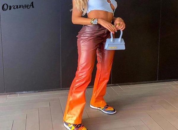 

orangea women gradient colorful y2k faux leather pants straight vintage office lady slim 2021 spring fashion streetwear trousers7228417, Black;white