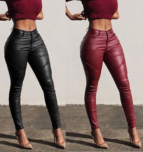 

new fashion women slim leather pants skinny stretchy pencil pants high waist redxl5051122, Black;white