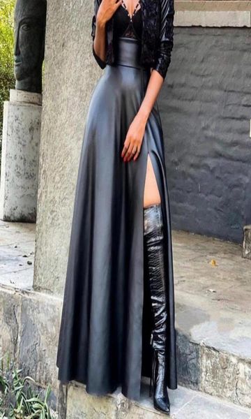 

skirts elegant long skirt stylish maxi solid color fashion faux leather women6907517, Black