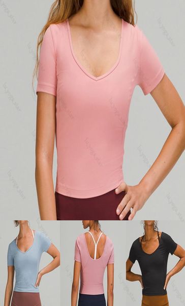 

beautiful back yoga t shirt clothes womens fashion new sports short-sleeved tight-fitting short t-shirt v-neck u-back fitness nylon high ela, White