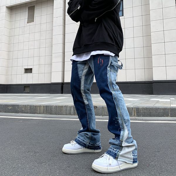 

men s jeans vintage distressed splash ink flare mens streetwear patchwork hip hop graffiti heavy wash blue slim fit denim pants men 230804