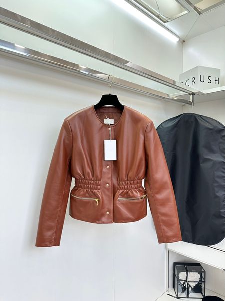 

2023 fashion new autumn winter women solid colour long sleeve o-neck coat leather zipper elasticity waist button up jacket outwear, Black;brown
