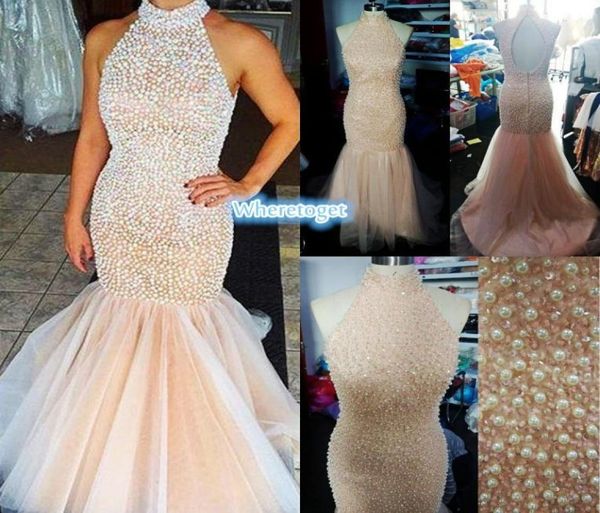 

2019 new halter high neck prom dresses long coral champagne open back pearls rhinestones tulle mermaid party evening pageant d7983194, Black