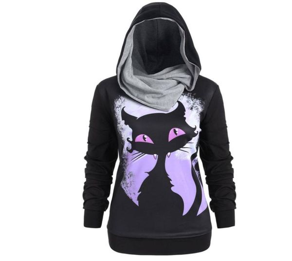 

women sweatshirt hoodies turtleneck halloween witch cap cat 3d print convertible pullovers hoodie casual size plus27426428191, Black